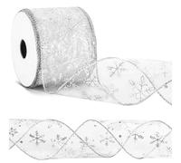 OWill Christmas Tree Ribbon,Glitter Snowflake Organza Wired, Silver Ribbon for Christmas Tree Wrapping Gift DIY Crafting(2.5 Inch X 10 Yard)