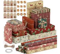 OWill Christmas Wrapping Paper,12 Sheets 50x70cm Recycle Xmas Kraft Paper 12 Christmas Wrapping Paper Designs with 10m Jute String 12 Labels 12 Stickers and a Roll of Tape