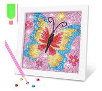 OWill Diamond Art for Kids, Gem Art for Kids 5D Butterfly Animals DIY Diamond Painting Kit with Frame for Girls Boys Beginners, Gifts for 6 7 8 9 10 Years Old Girls (Pink)