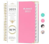 OWill Diary 2025 A5 - Week to View Monthly and Weekly Planner With Tabs from January to December, Inner Pocket Notes Page and Contacts Page, A5 Size (Pink)