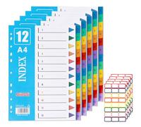 OWill File Dividers A4, 5 Pack 12-Part Folder Dividers for Ring Binders, A4 Dividers for Lever Arch Files with Color Label Stickers