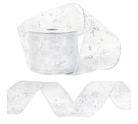 OWill Silver Glitter Snowflake Christmas Organza Ribbon Wired - 2.5 Inch X 10 Yard