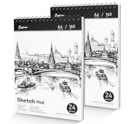 OWill Sketch Pad, 2 Packs A4 Sketch Book 160 g/m² Thick Paper, 48 Pages / 24 Sheets Spiral Bound Sketchbook 2 Packs
