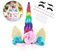 OWill Unicorn Cake Topper with Eyelashes Party Cake Decoration Supplies for Birthday Party Wedding Baby Shower 5.8 inch (Green Flower Multicolour Horn)