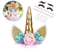 OWILL Unicorn Cake Topper with Eyelashes Party Cake Decoration Supplies for Birthday Party Wedding Baby Shower 5.8 inch (Green Flower Gold Horn)