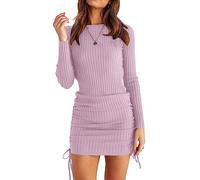 OWIN Women's Long Sleeve Ribbed Knit Casual Bodycon Mini Autumn Dress Ruched Drawstring Fall Pullover Sweater Dresses, Light Purple, S