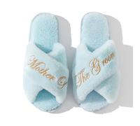 OWITER Bride Slippers & Bridesmaid Slippers for Wedding Party Fluffy 6053 (Light Blue Mother of the Groom, Small)