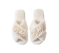 OWITER Bride Slippers & Bridesmaid Slippers for Wedding Party Fluffy 6053 (White Gold Bride, Medium)