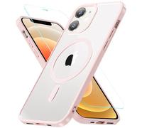OWKEY iPhone 12/12 Pro Magsafe Tempered Glass Case - Shockproof Military-Grade Transparent Back Magnetic Slim Bumper Cover, Pink