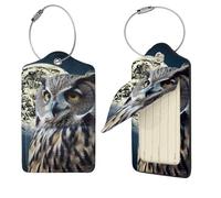 Owl and Moon Luggage Tags for Suitcases, 2 PCS PU Leather Suitcase Tags Identifiers with Stainless Steel Loop, Privacy Cover ID Label with Address Card, Travel Essentials Bag Tag