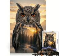 Owl And Mountain Landscape Double Exposure Jigsaw Puzzles for Adults 1000 Pieces Strengthen Memory Family Bond Clean Edge Birthday Gift (50x75cm)