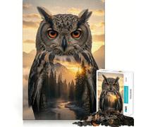 Owl And Mountain Landscape Double Exposure Jigsaw Puzzles for Adults 1000 Pieces Strengthen Memory Family Bond Clean Edge Birthday Gift (50x75cm)
