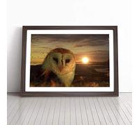Owl and Sunset Landscape Framed Wall Art Picture Print - Canvas Painting - Modern Home Décor Poster - Ready to Hang for Living Room Bedroom Kitchen - Walnut A4 (27 x 36 cm)