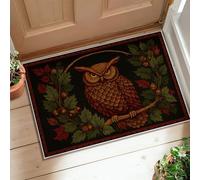 Owl Area Rug, Autumn Nature Leaves Acorns Fall Brown Low Pile Doormat Throw Rug Edge Binding Entryway Bathroom Kitchen Doorway Decor 2' X 3'