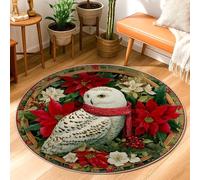 Owl Area Rug, Christmas Festive Poinsettia Berries Christmas Red Non-Slip Backing Edge Binding Doormat Throw Rug Circle Entryway Bathroom Laundry Room Bedside Decor 3' X 3'