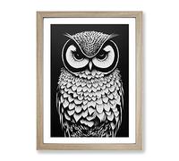 Owl Art Monochrome Framed Wall Art Print A2 Oak