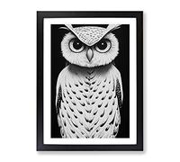 Owl Art Monochrome No.3 Framed Print | A2 Black Framed Wall Art | Ready to Hang | Modern Animal Picture | Living Room Bedroom Lounge Office