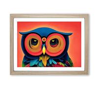 Owl Art Retro Vol.3 Abstract Framed Print | A2 Oak Framed Wall Art | Ready to Hang | Retro Animal Picture | Living Room Bedroom Lounge Office