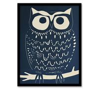 Owl Bird Simple White Blue Block Print Design Framed Art Print Artery8 Dark Blue A4