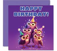 Owl Birthday Cards for Her Him - Party Animals Pyramid - Happy Birthday Card for Mum Dad Brother Sister Auntie Uncle Cousin Friend Family Colleague 145mm x 145mm Bday Greeting Cards
