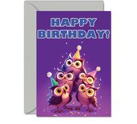 Owl Birthday Cards for Her Him - Party Animals Pyramid - Happy Birthday Card for Mum Dad Brother Sister Auntie Uncle Cousin Friend Family Colleague A5 Bday Greeting Cards