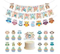 Owl Birthday Party Decorations,Cute Owls Happy Birthday Banner Cartoon Owl Flag Bunting Banner Cake Topper Cupcake Decoration Set for Kids Baby Shower Woodland Theme Party Supplies