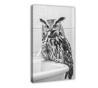 Owl Brushing Teeth, Funny Bathroom Wall Art, Cute Laundry Room Decor, Animals in Bathroom, Retro Owl Humor Print, Ai Art-1