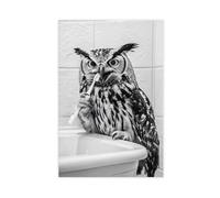 Owl Brushing Teeth, Funny Bathroom Wall Art, Cute Laundry Room Decor, Animals in Bathroom, Retro Owl Humor Print, Ai Art-1