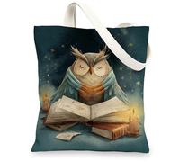 Owl Canvas Tote Bags, Artistic Owl Design Reusable Shopping Bags, Cozy Fanciful Lightweight Washable Tote Bags for Library, Blue, 13x15 Inch