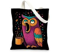 Owl Canvas Tote Bags, Colorful Bird Pattern Reusable Grocery Bags, Fun Vibrant Lightweight Washable Shoulder Strap Canvas B, Colorful, 13x15 Inch
