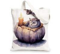Owl Canvas Tote Bags, Cute Owl Design Reusable Grocery Bags, Cozy Pumpkin Illustration Lightweight Washable Shoulder Strap Bags for Travel Beach Picnic 13x15 Inch