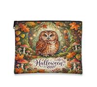 Owl Canvas with Zipper, Fanciful Autumn Mushrooms Leaves Halloween Brown Canvas with Zipper Cosmetic Pouch for Travel, Vanity, Bathroom, Purse Storage and Daily Use, Brown, 7x9 Inch, Whimsical
