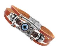 Owl Charm Braided Cowhide Leather Bracelet with Blue Evil Eye Beads, Multi-Layer Stackable Bracelet for Men, Trendy Casual Jewelry Accessory