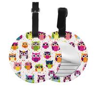 Owl Colorful Round Luggage Tag 2PCS Cute PU Leather Travel Bag Tag ID Labels Name Card Holder wtih Buckle for Luggage Suitcase Backpacks