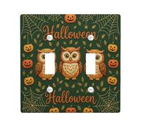 Owl Double Light Switch Cover Plate, Fanciful Festive Pumpkins Spider Web Halloween Green Standard Size Wall Switch Plates Accents for Bedroom Bathroom Kitchen Entrance Decor
