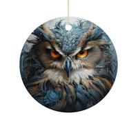 Owl Double-Sided Ceramic Christmas Ornaments - Round Hanging Mini Xmas Tree Decorations, Ideas for Farmers, Rustic Home Decor for Indoor Outdoor Tree Decor