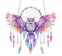 Owl Dreamcatcher Suncatcher - Stained Glass Effect Window Hanging - Mystical Owl Acrylic Ornament - Colourful Fantasy Sun Catchers for Windows Indoor Outdoor Garden Home Decor - Unique Gothic Gi