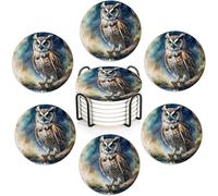 Owl Drink Coasters with Holder,Ceramic Coasters for Tables, Cork Backed Drink Mats for Coffee/Wine,Kitchen & Office Accessories