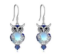 Owl Earrings Sterling Silver Moonstone Owl Dangle Earrings Jewelry Gifts for Women Girls (Moonstone blue owl earrings)