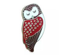Owl Enamel Pin Brooch, Sleepy Owl, 1 Inch Tall, Red, Brown, and White, Metal, no gemstone