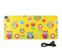 Owl Flowers Yellow Pattern Heated Desk Mat Large Heated Mouse Pad with 3 Heating Levels PU Leather Computer Accessories for Office Home Decor, 31.5x13in