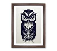 Owl Graffiti Framed Print | A2 Walnut Framed Wall Art | Ready to Hang | Eclectic Animal Picture | Living Room Bedroom Lounge Office