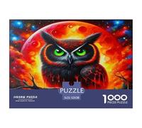 Owl Great Gift Idea 1000 Pc Adult Jigsaws - Owl Red Moon Fire Mystical Vibrant Impossible Hard Challenging Game for Wall Decoration52x38cm/1000pcs