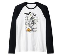 Owl Halloween with Witch Hat Pumpkin Bat Samhain Art Raglan Baseball Tee