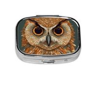 Owl Head Pattern Print Pill Box Square Pill Case 2 Compartment Small Metal Medicine Organizer Portable Travel Pillbox for Pocket Purse Cute Mini Pill Container to Hold Daily Vitamins