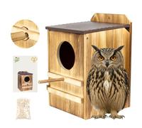 Owl House for Outdoor, Screech Owl House, Bird Box Large Handmade Wooden Circular Opening Screech Box for Outside with Mounting Screws and A Bag of Wood Shavings(Brown, 9" x 14.5")