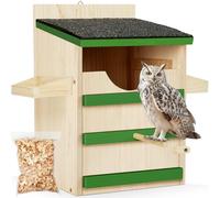 Owl House, Screech Wooden Owl Nesting Box, Weatherproof Design with Bird Stand, Large Opening, Mounting Screws, and Wood Shavings for Outside Backyard