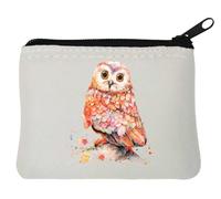 Owl Illustration Watercolor Graphic Neoprene Coin Purse Pouch 12x9cm White