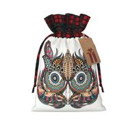 Owl in African Indian Totem Colorblock linen drawstring gift bags holiday drawstring gift bags available in sizes S/M