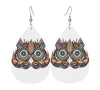 Owl in African Indian Totem Print Leather Earring for Women - Lightweight Dangle Earrings, Fashion Statement Costume Jewelry
